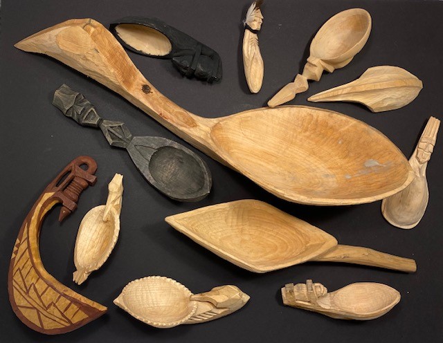 Carved spoons, ladle & baylor